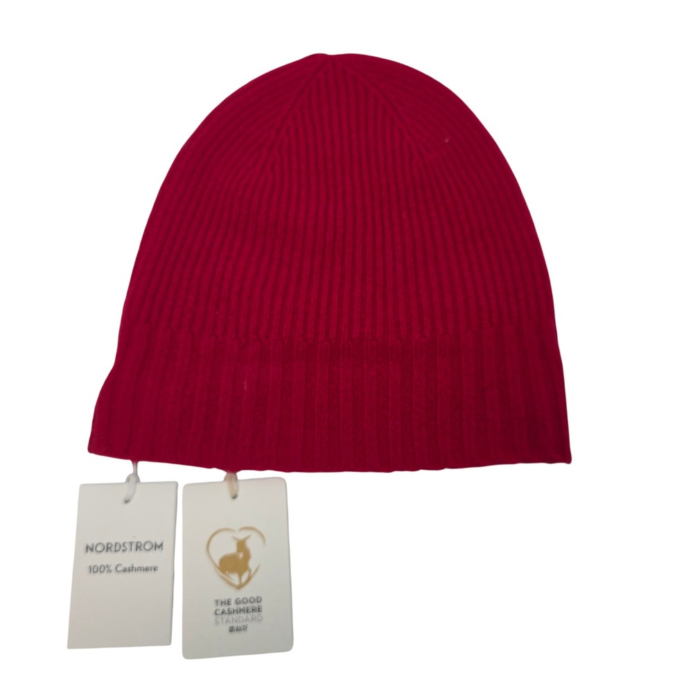 NWT Nordstrom 100% Cashmere Ribbed Beanieβ Hat Red Lychee NWT One Size